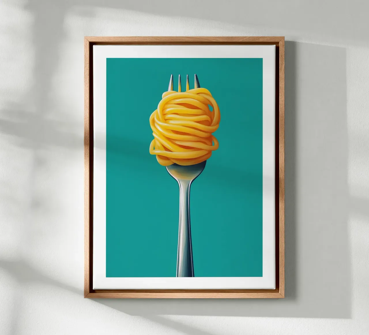 Fork and spaghetti on a turquoise background canvas with Floater frame by Spice & Style