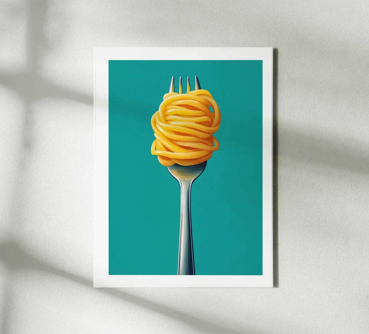 Fork and spaghetti on a turquoise background canvas with Floater frame by Spice & Style