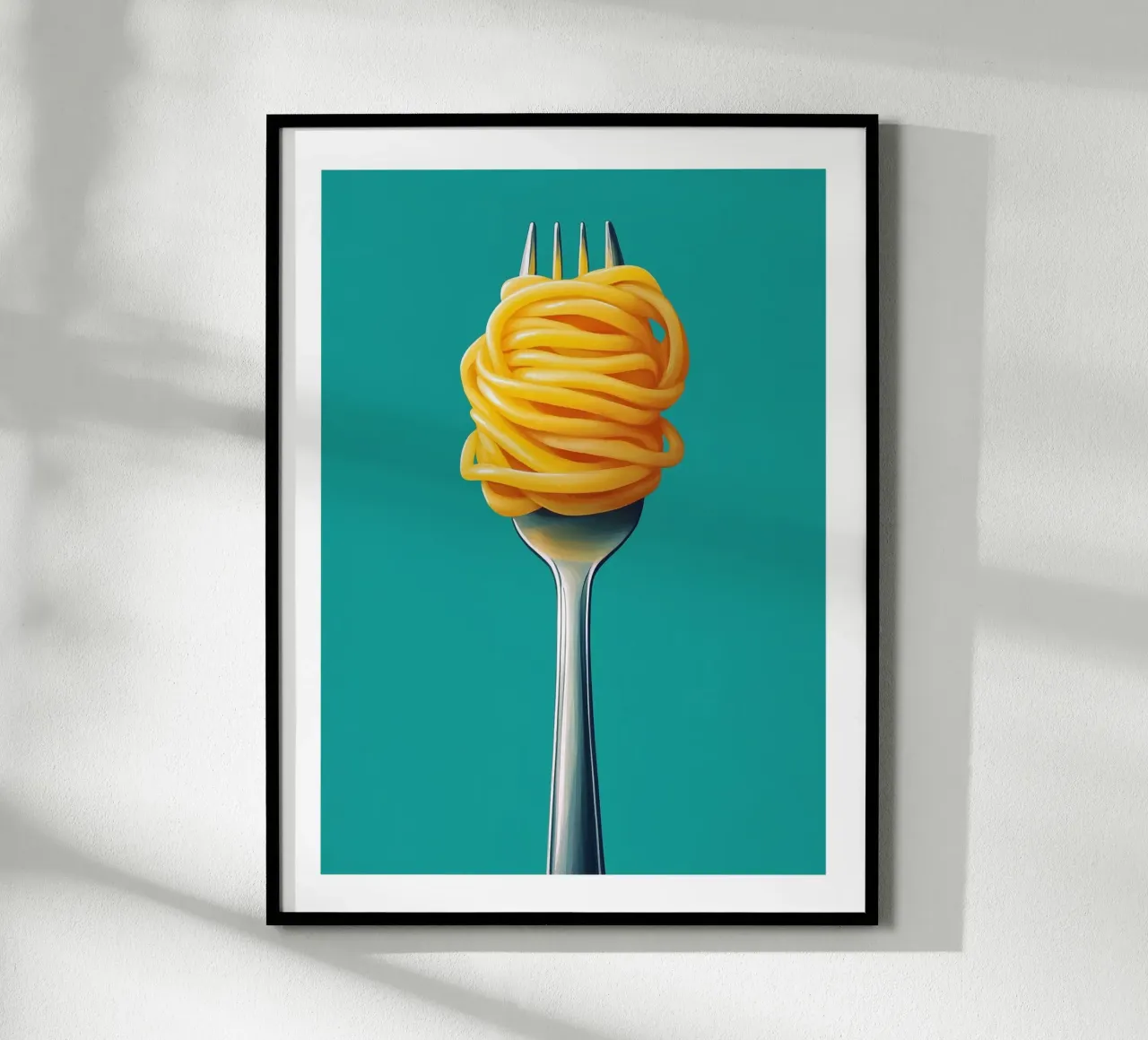 Fork and spaghetti on a turquoise background poster by Spice & Style