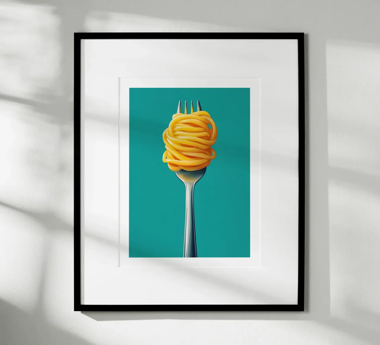 Fork and spaghetti on a turquoise background poster by Spice & Style