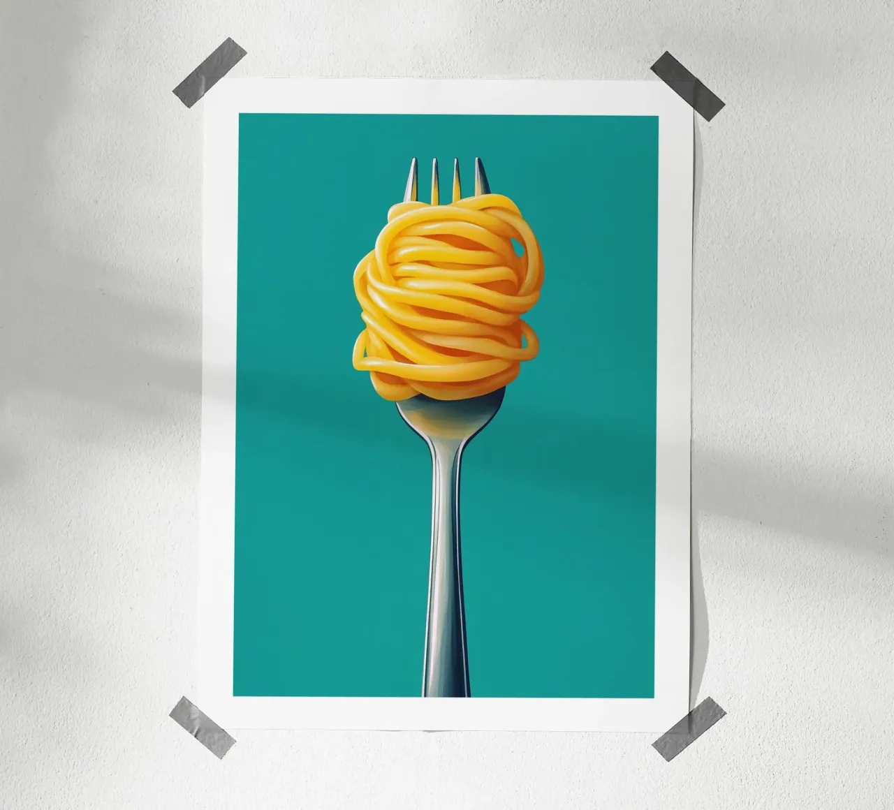 Fork and spaghetti on a turquoise background poster by Spice & Style