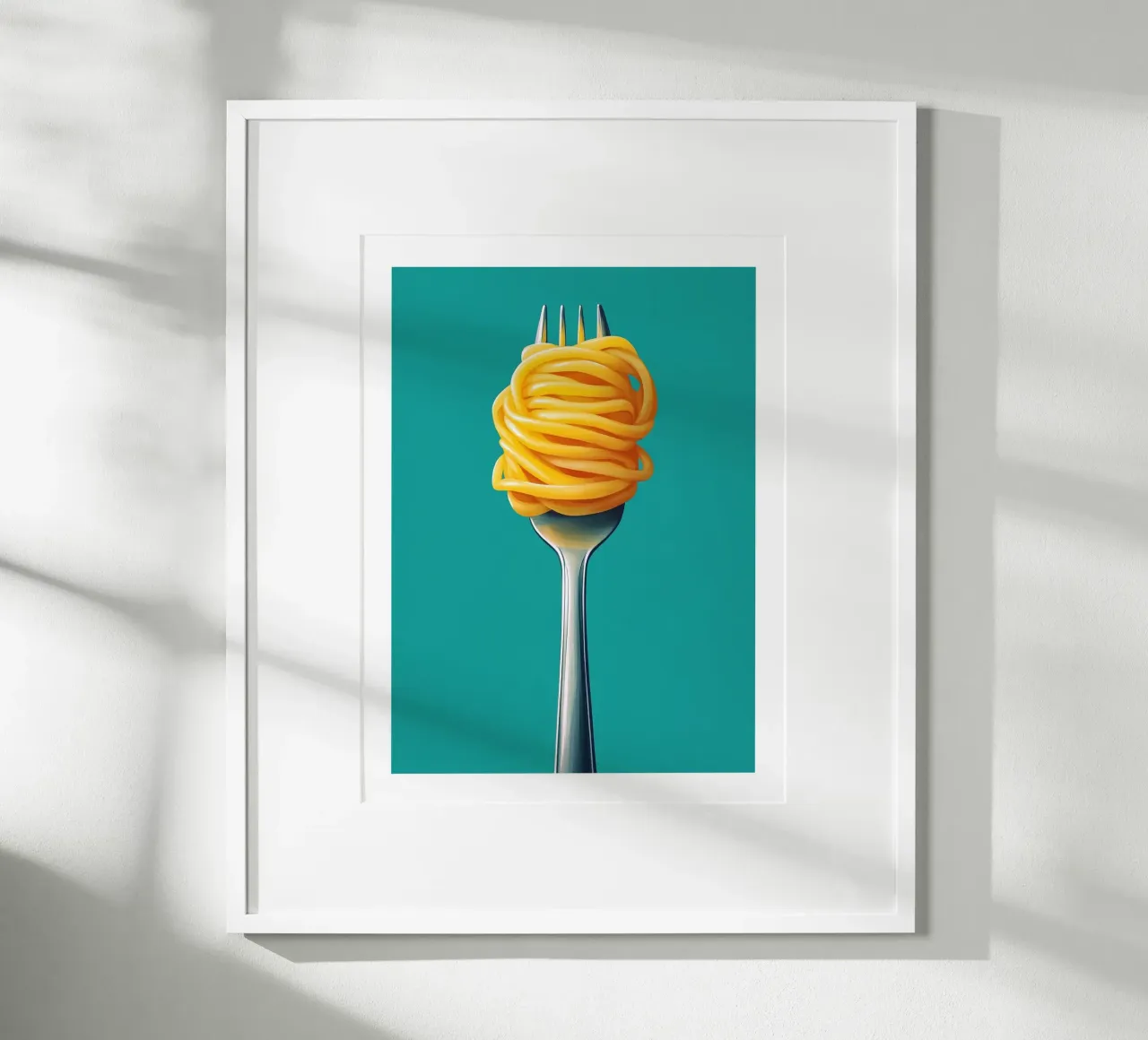 Fork and spaghetti on a turquoise background poster by Spice & Style