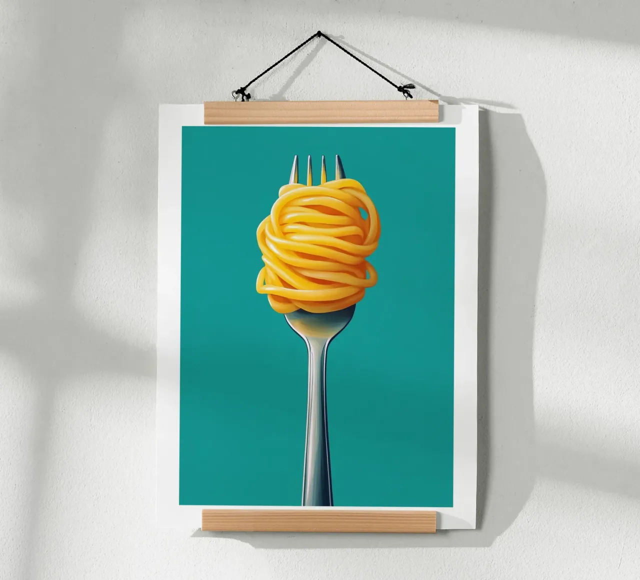Fork and spaghetti on a turquoise background poster by Spice & Style
