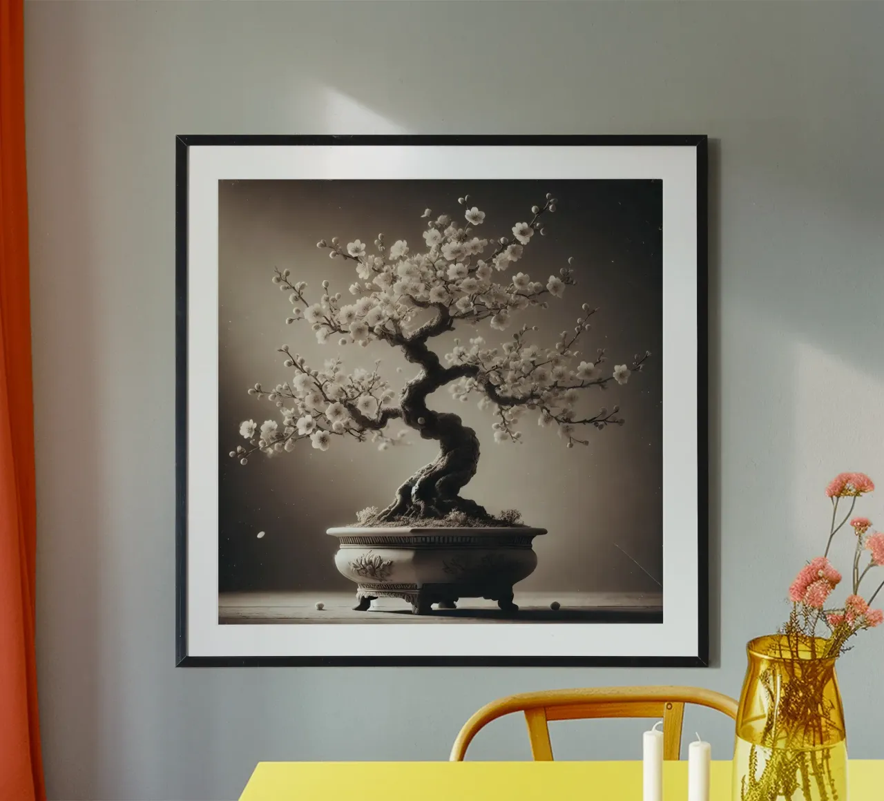 Bonsai di fiori di ciliegio - Elegante estetica asiatica poster con telaio in legno da scHio