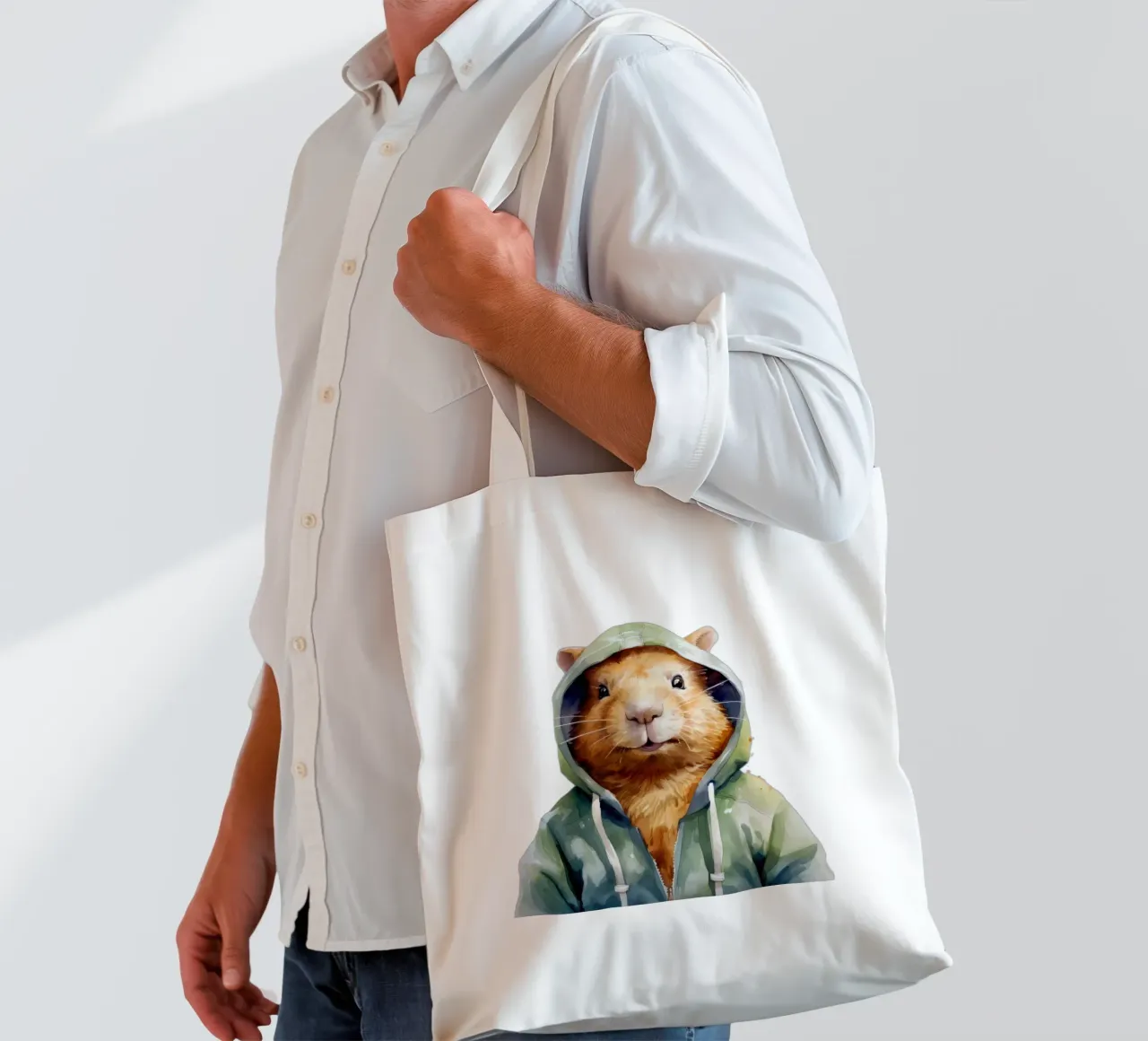 Cartone animato acquerellato Capibara in felpa con cappuccio borsa in juta da Animal Portraits