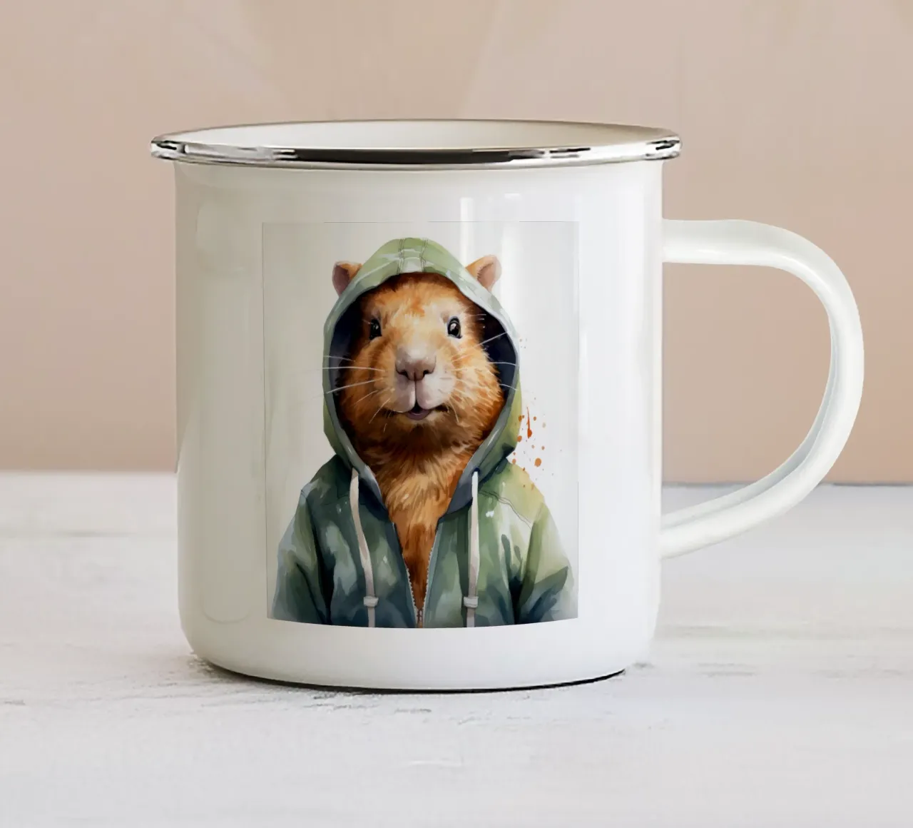 Cartone animato acquerellato Capibara in felpa con cappuccio tazza in smalto da Animal Portraits