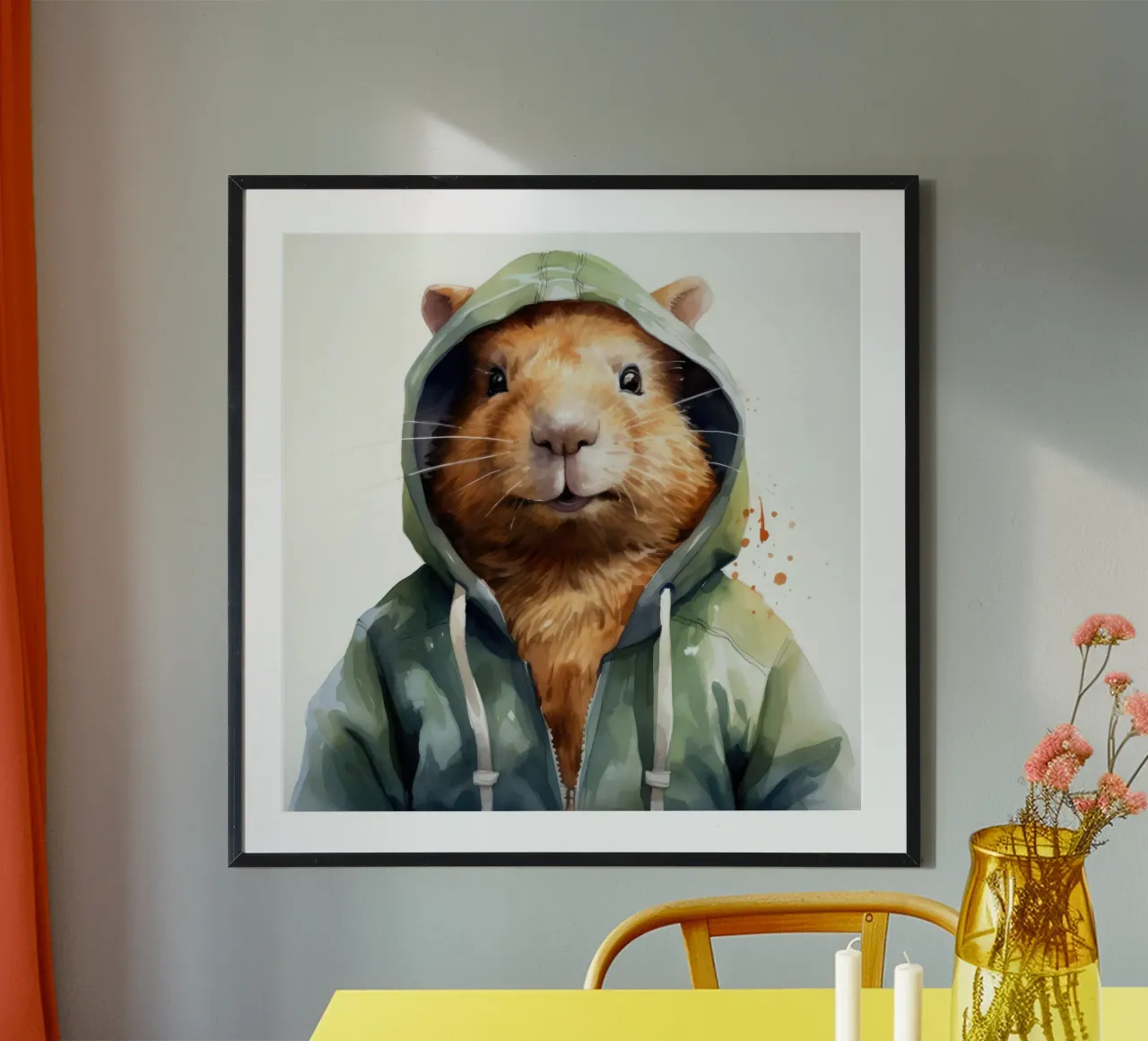 Cartone animato acquerellato Capibara in felpa con cappuccio carta hahnemühle da Animal Portraits
