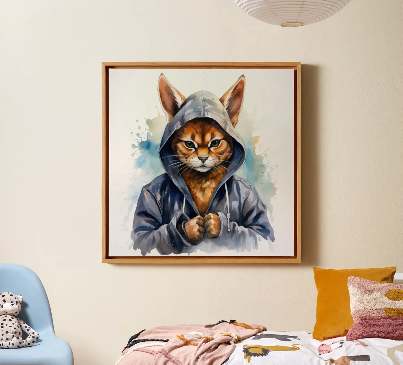 Cartone animato acquerellato Caracal in felpa con cappuccio tela con Cornice a cassetta da Animal Portraits