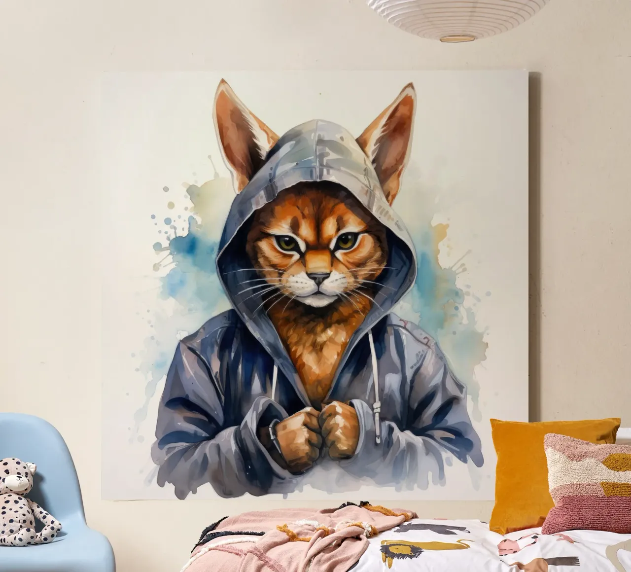 Cartone animato acquerellato Caracal in felpa con cappuccio tela con Cornice a cassetta da Animal Portraits