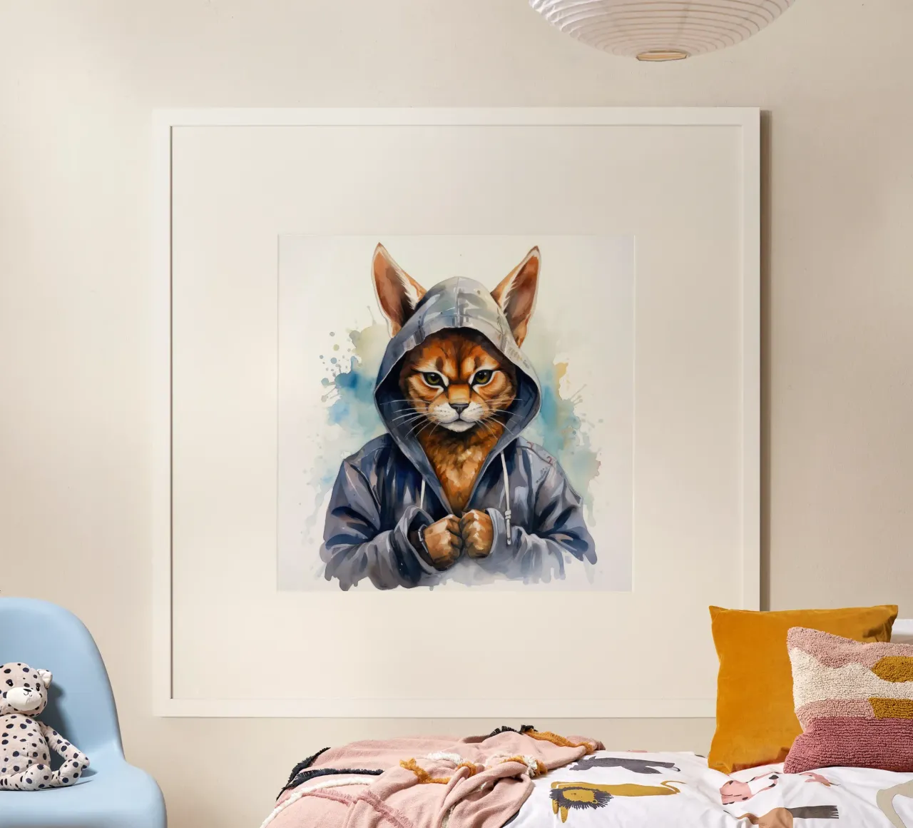 Cartone animato acquerellato Caracal in felpa con cappuccio poster con telaio in alluminio da Animal Portraits