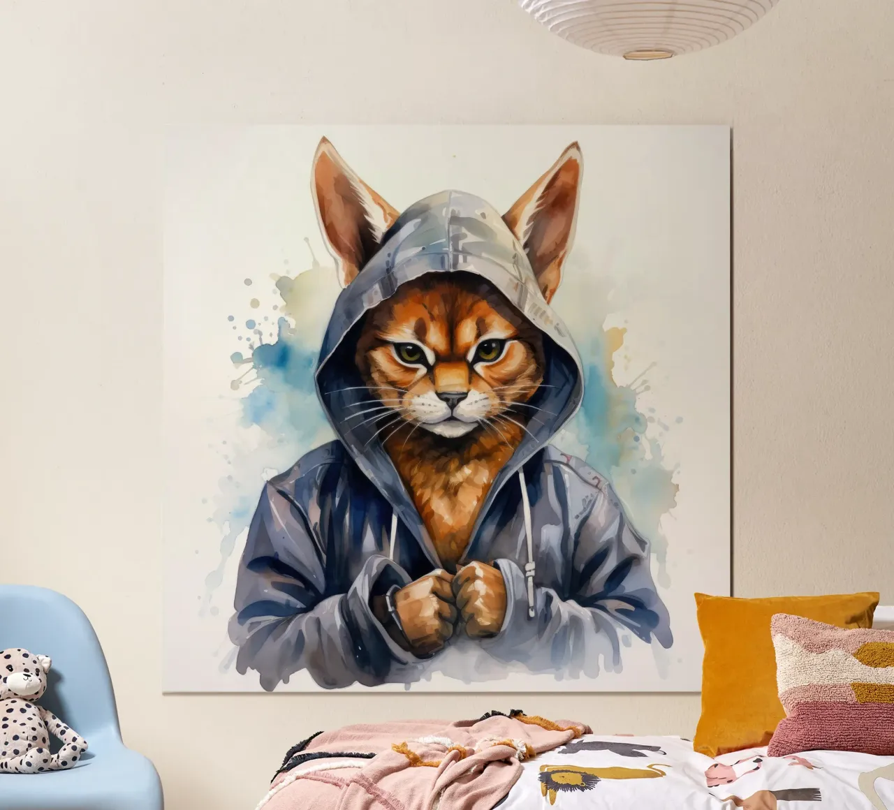 Cartone animato acquerellato Caracal in felpa con cappuccio poster con telaio in alluminio da Animal Portraits