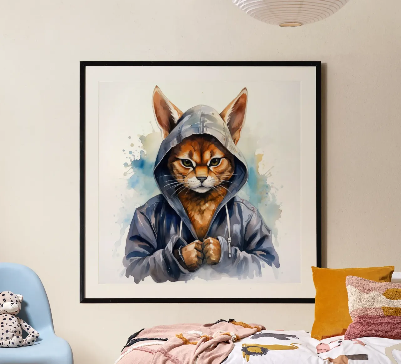 Cartone animato acquerellato Caracal in felpa con cappuccio poster con telaio in alluminio da Animal Portraits