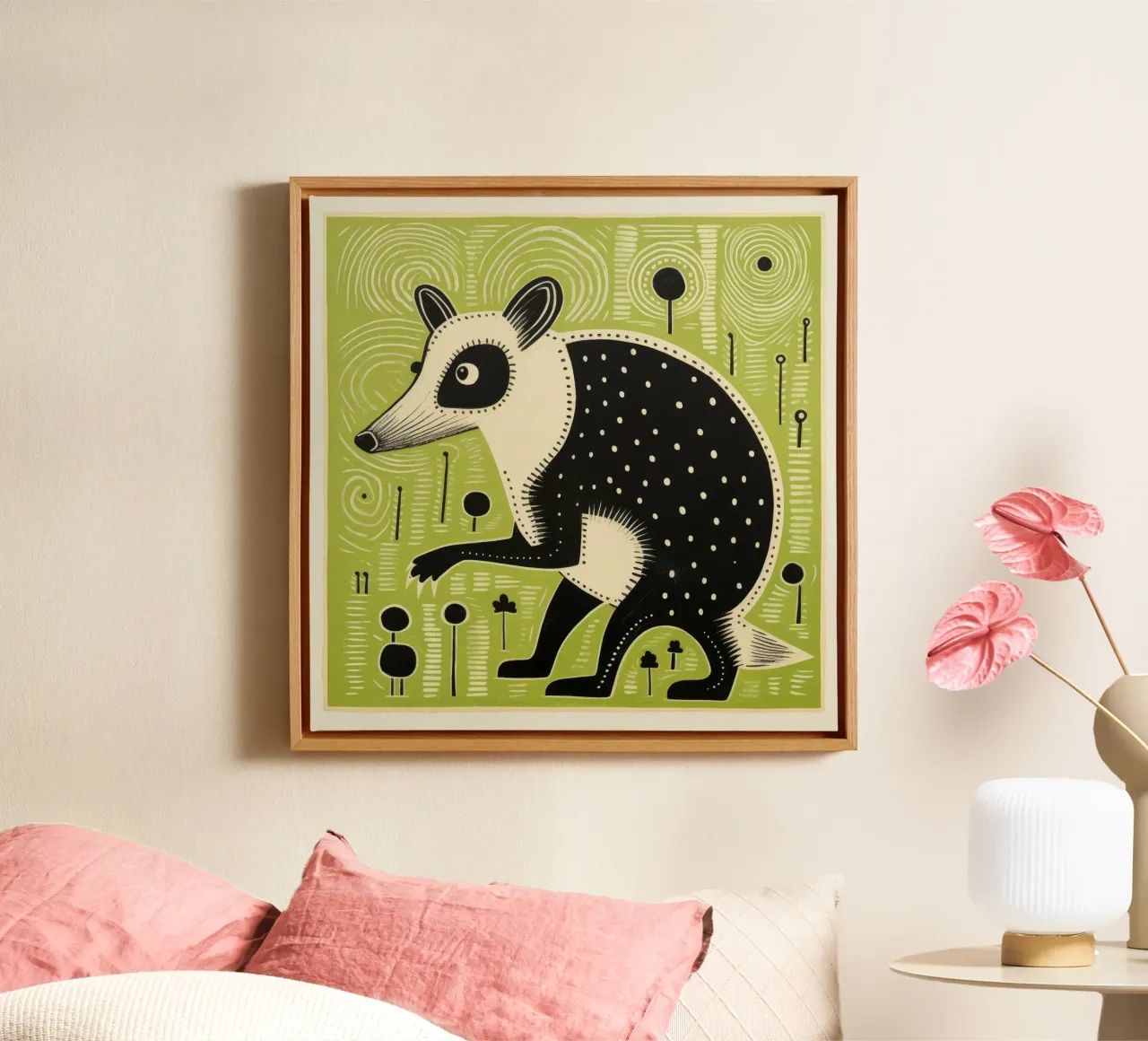 Opossum verde 1 tela con Cornice a cassetta da Minimal Animal Art
