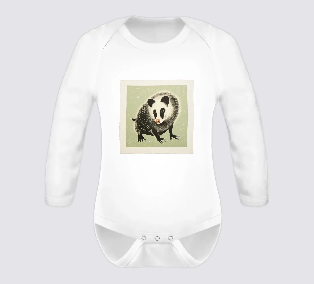 Green Opossum 4 long-sleeve baby romper by Minimal Animal Art