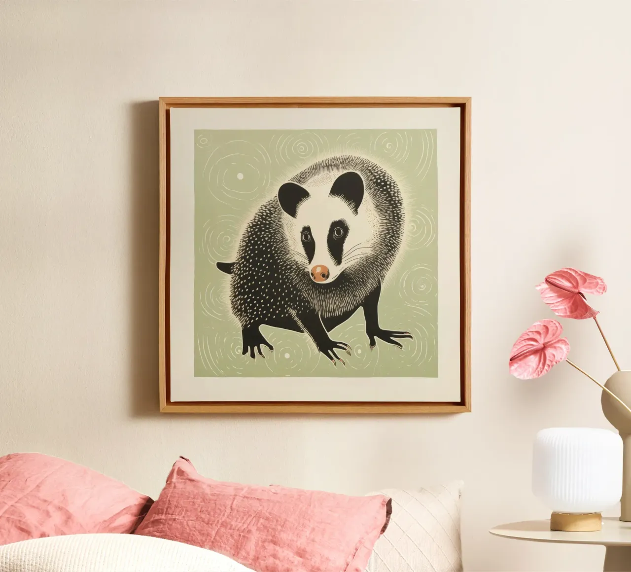 Groene opossum 4 canvas met Baklijst van Minimal Animal Art