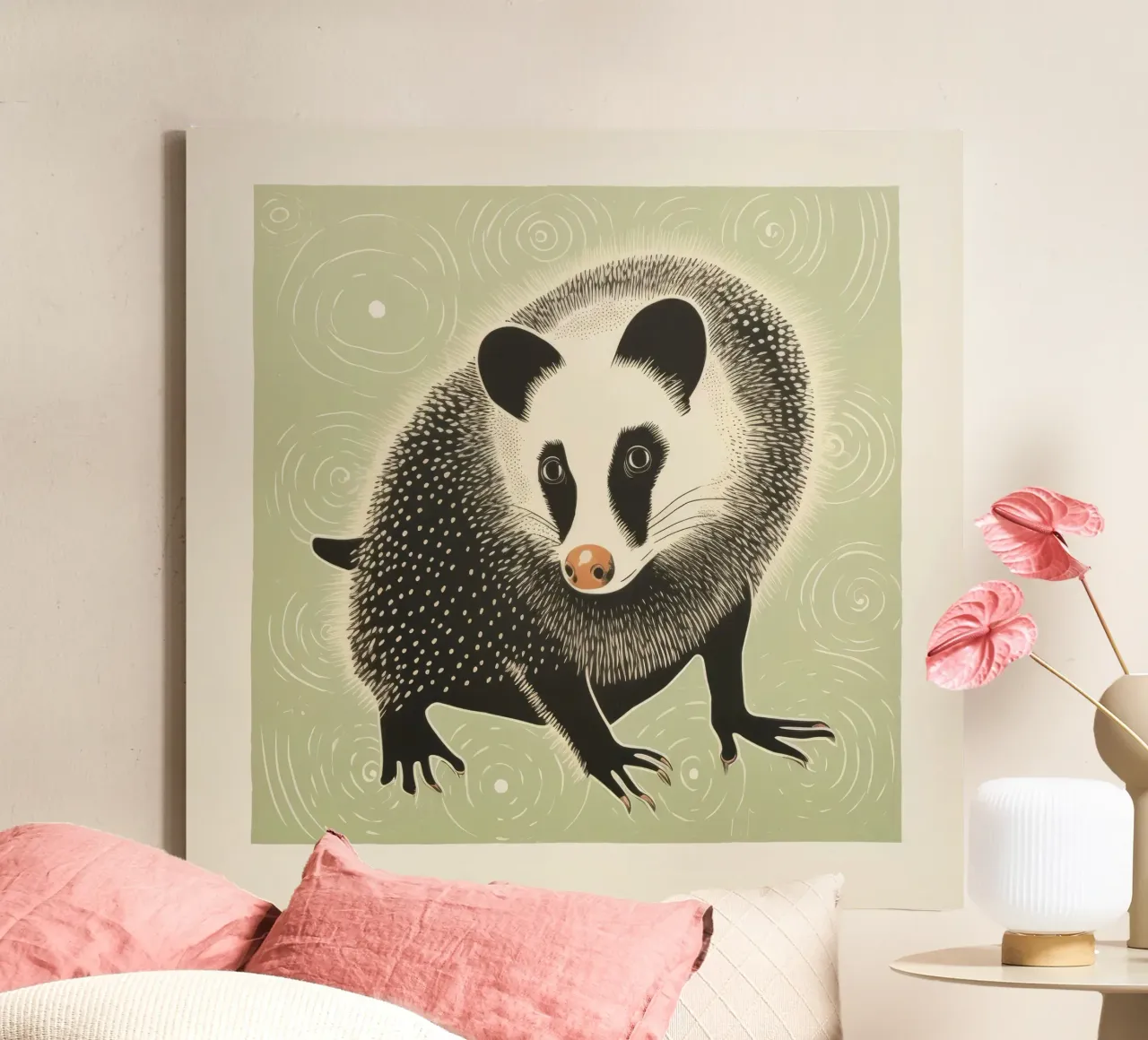 Groene opossum 4 canvas met Baklijst van Minimal Animal Art