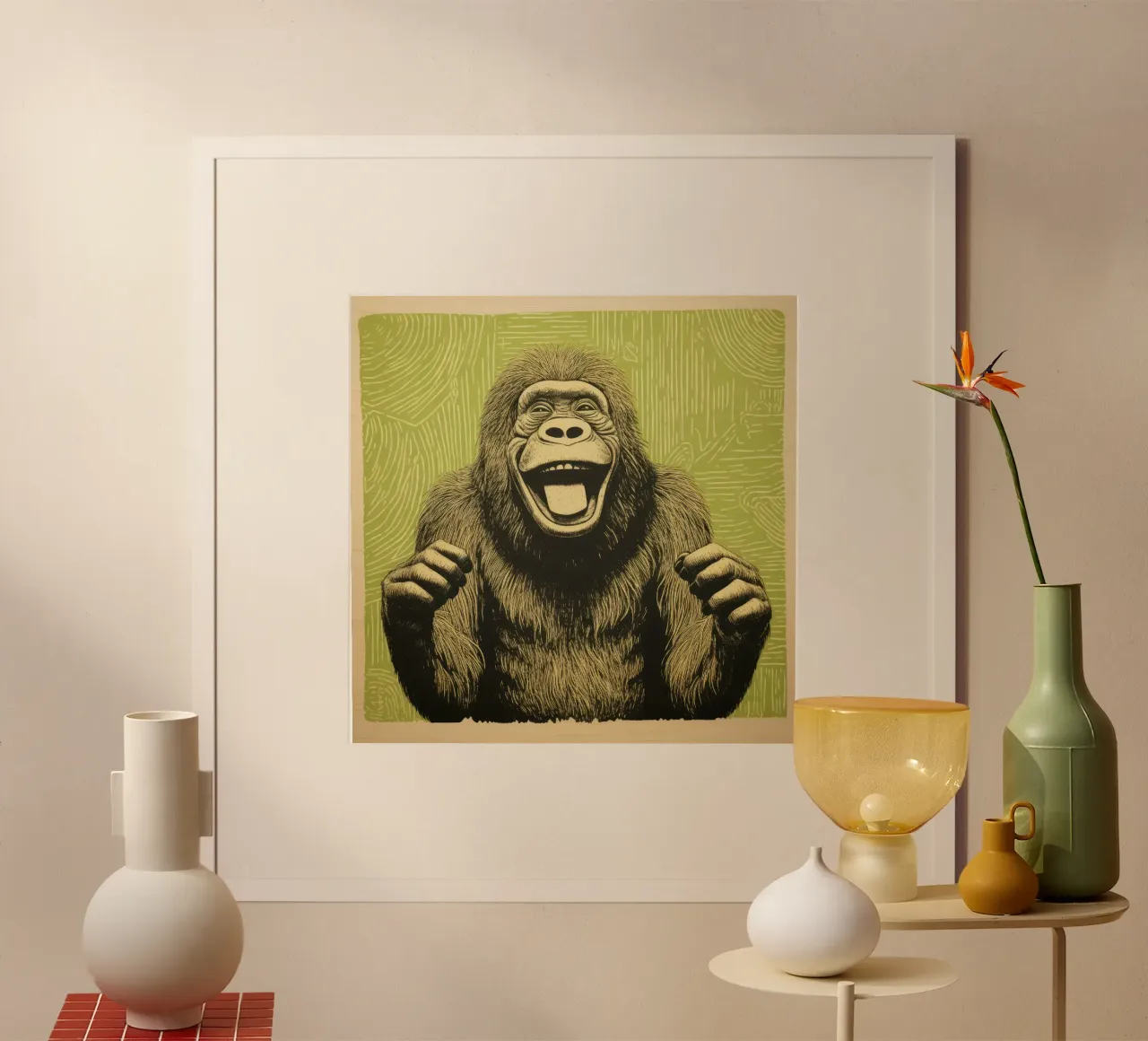 Orangutan verde 1 poster con telaio in alluminio da Minimal Animal Art