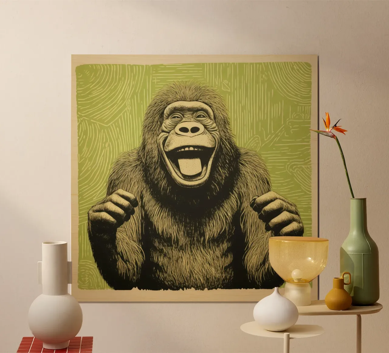 Orangutan verde 1 poster con telaio in alluminio da Minimal Animal Art