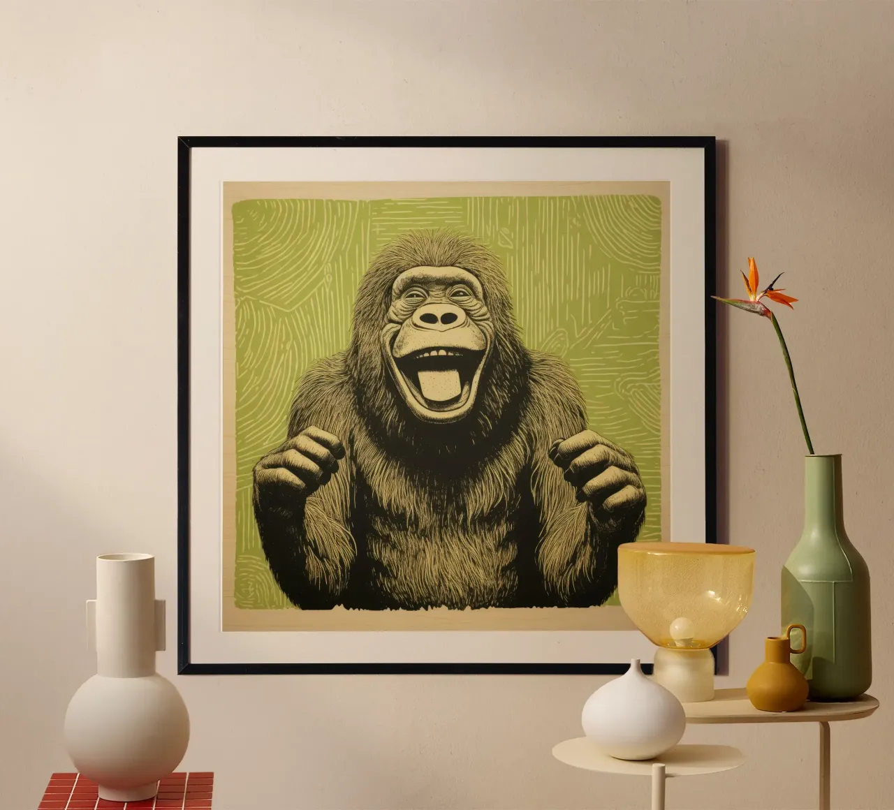 Orangutan verde 1 poster con telaio in alluminio da Minimal Animal Art