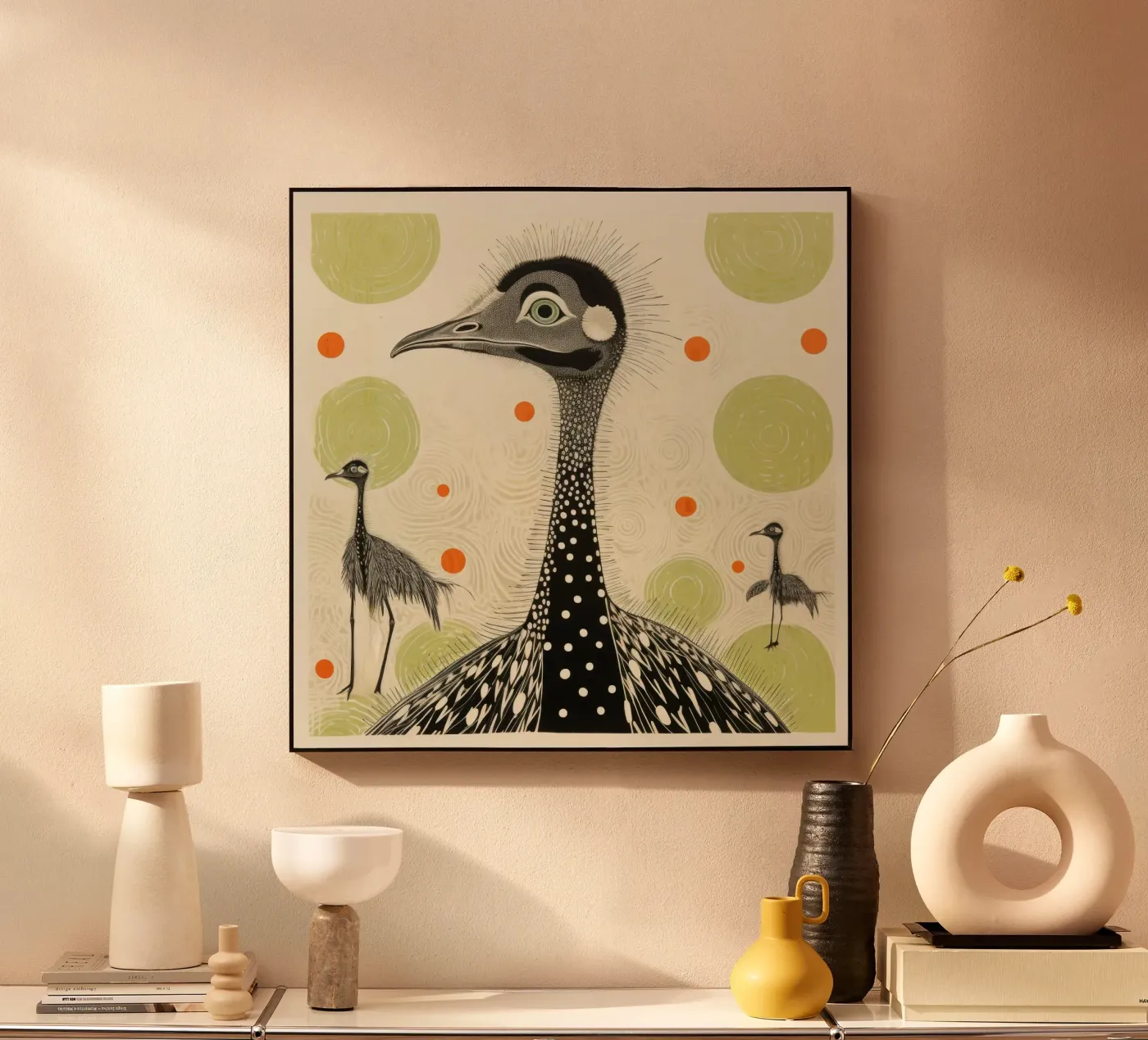 Green Ostriches acryl van Minimal Animal Art