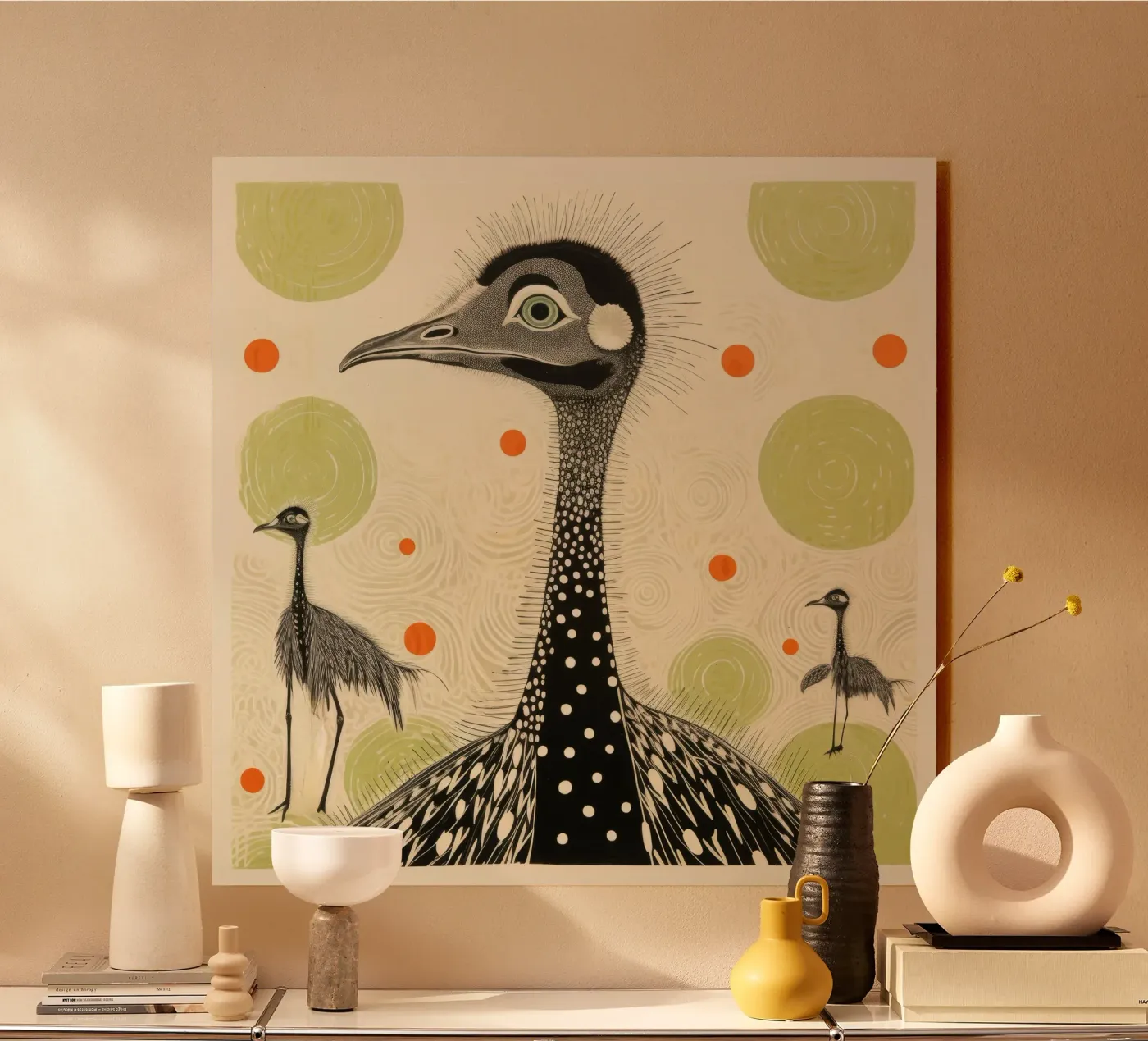 Green Ostriches acryl van Minimal Animal Art