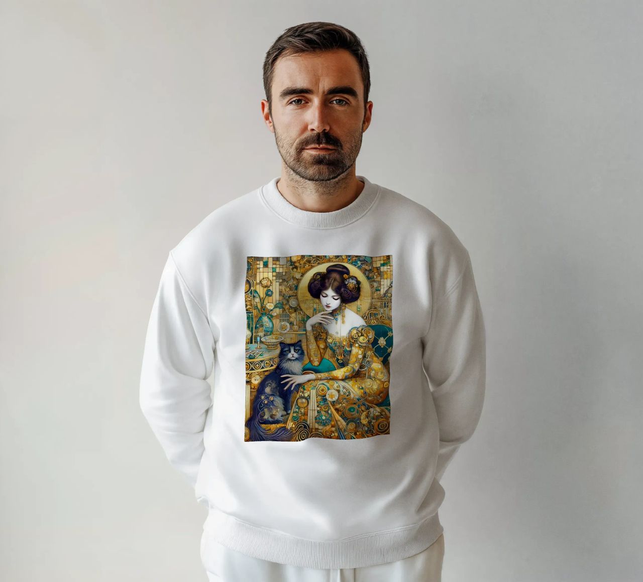 Signora con gatto felpa da Art-Nouveau-Dsg