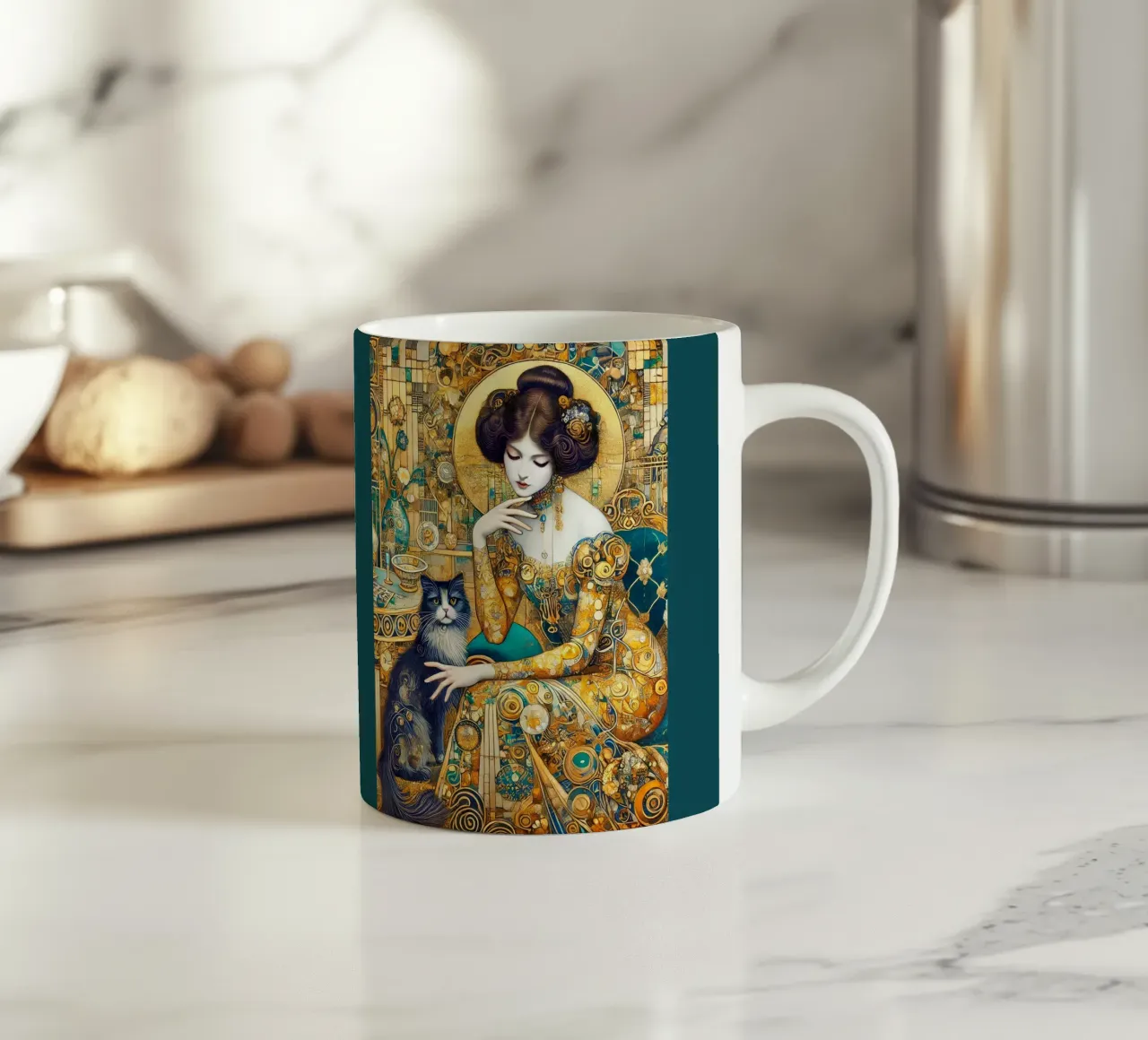 Signora con gatto tazza in ceramica da Art-Nouveau-Dsg