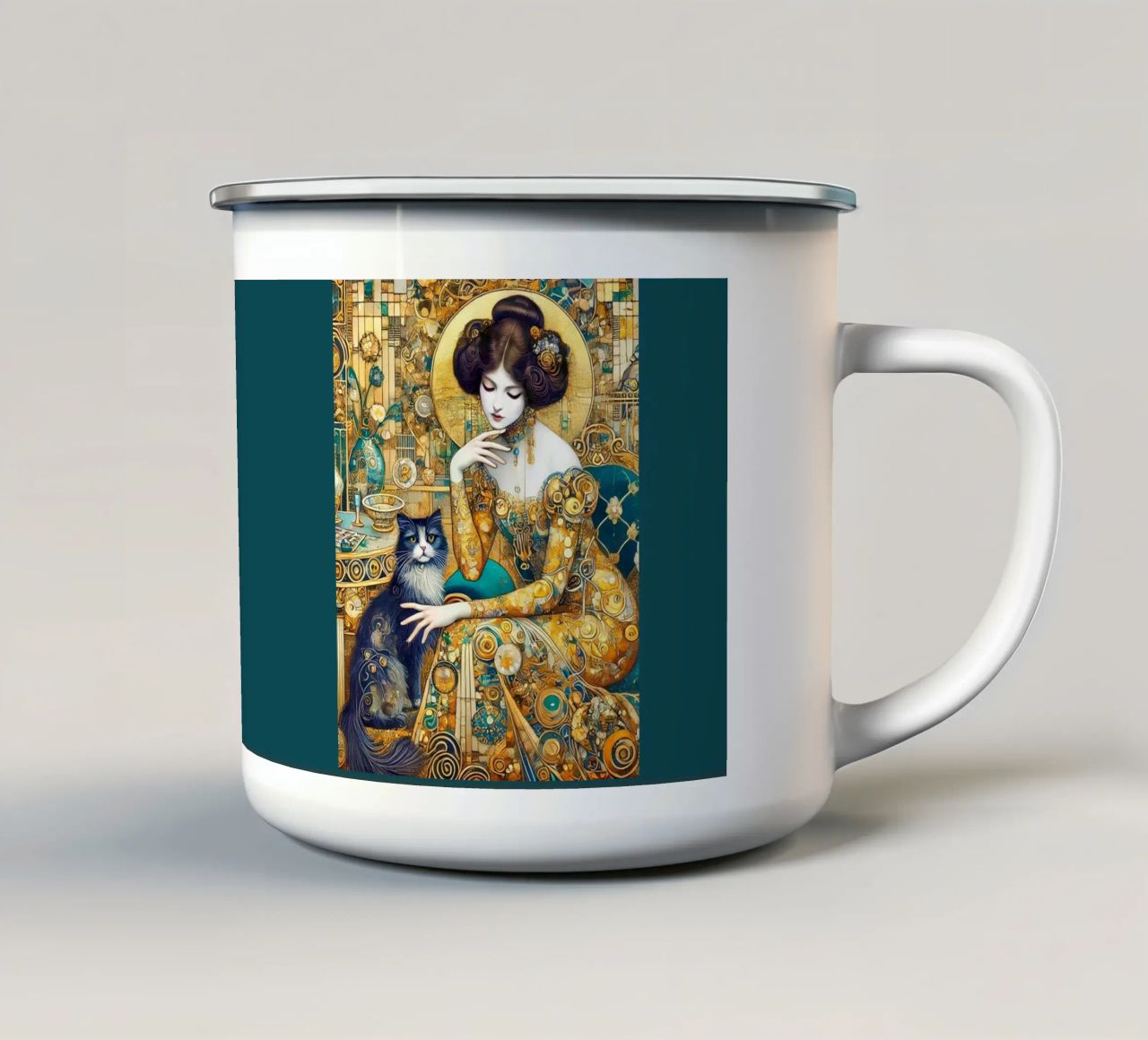 Signora con gatto tazza in smalto da Art-Nouveau-Dsg