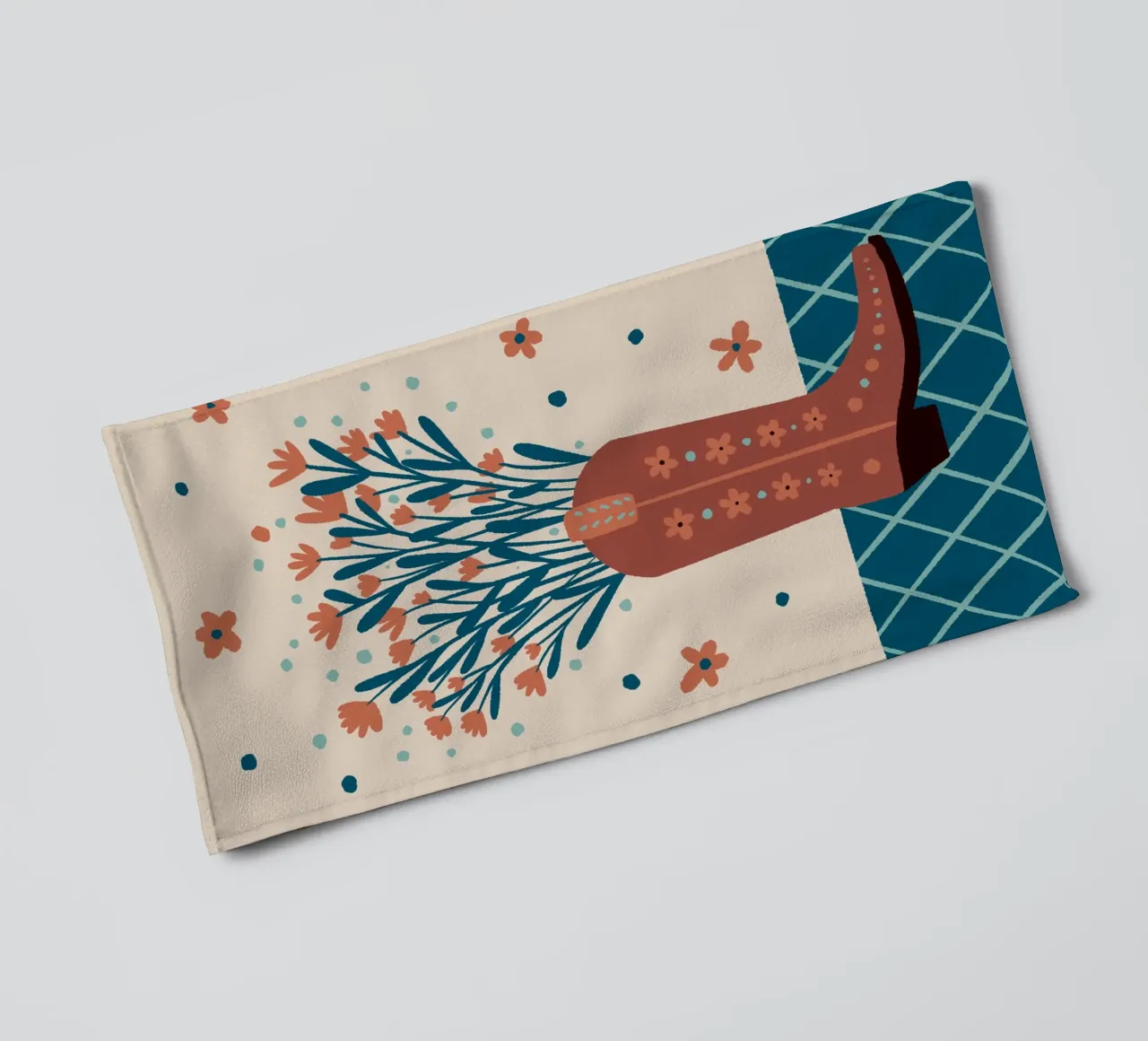 Cowboy boot with flowers - mocha and teal towel by Wackapacka