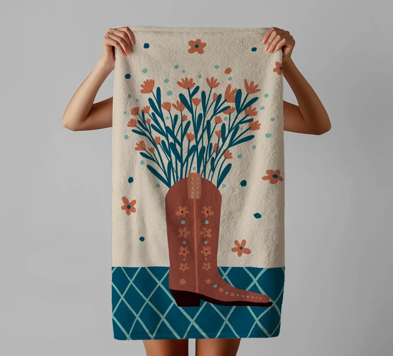 Cowboy boot with flowers - mocha and teal towel by Wackapacka