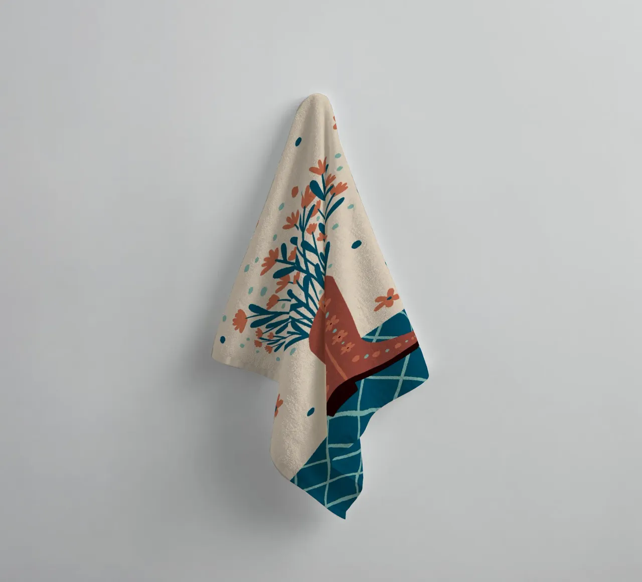 Cowboy boot with flowers - mocha and teal towel by Wackapacka