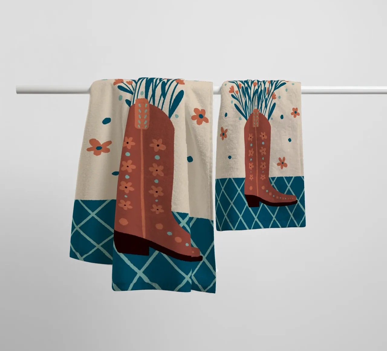 Cowboy boot with flowers - mocha and teal towel by Wackapacka