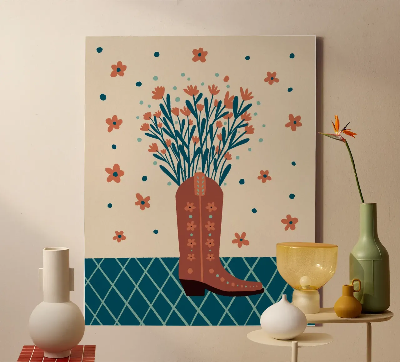 Bota vaquera con flores - moca y cerceta lienzo con Marco flotante de Wackapacka