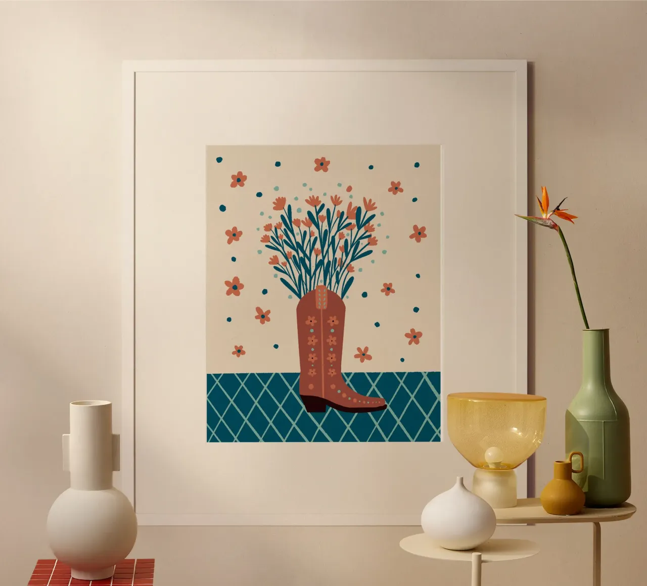 Bota vaquera con flores - moca y cerceta poster con marco de madera de Wackapacka