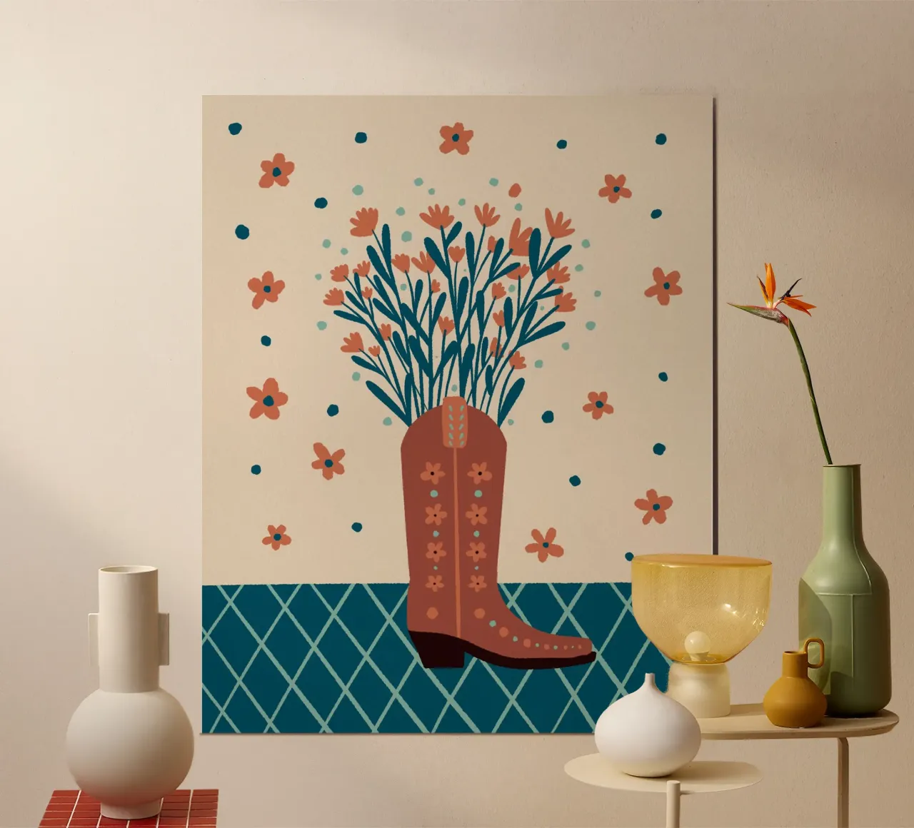 Bota vaquera con flores - moca y cerceta poster con marco de madera de Wackapacka