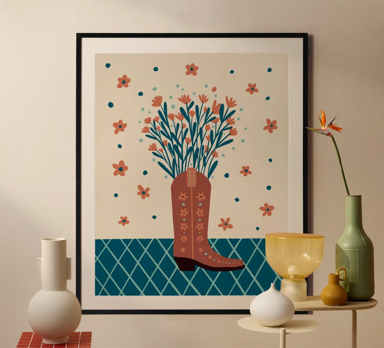 Bota vaquera con flores - moca y cerceta poster con marco de madera de Wackapacka