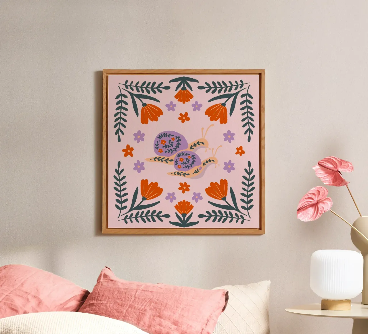 Lumache e fiori - viola e arancione alluminio dibond da Wackapacka