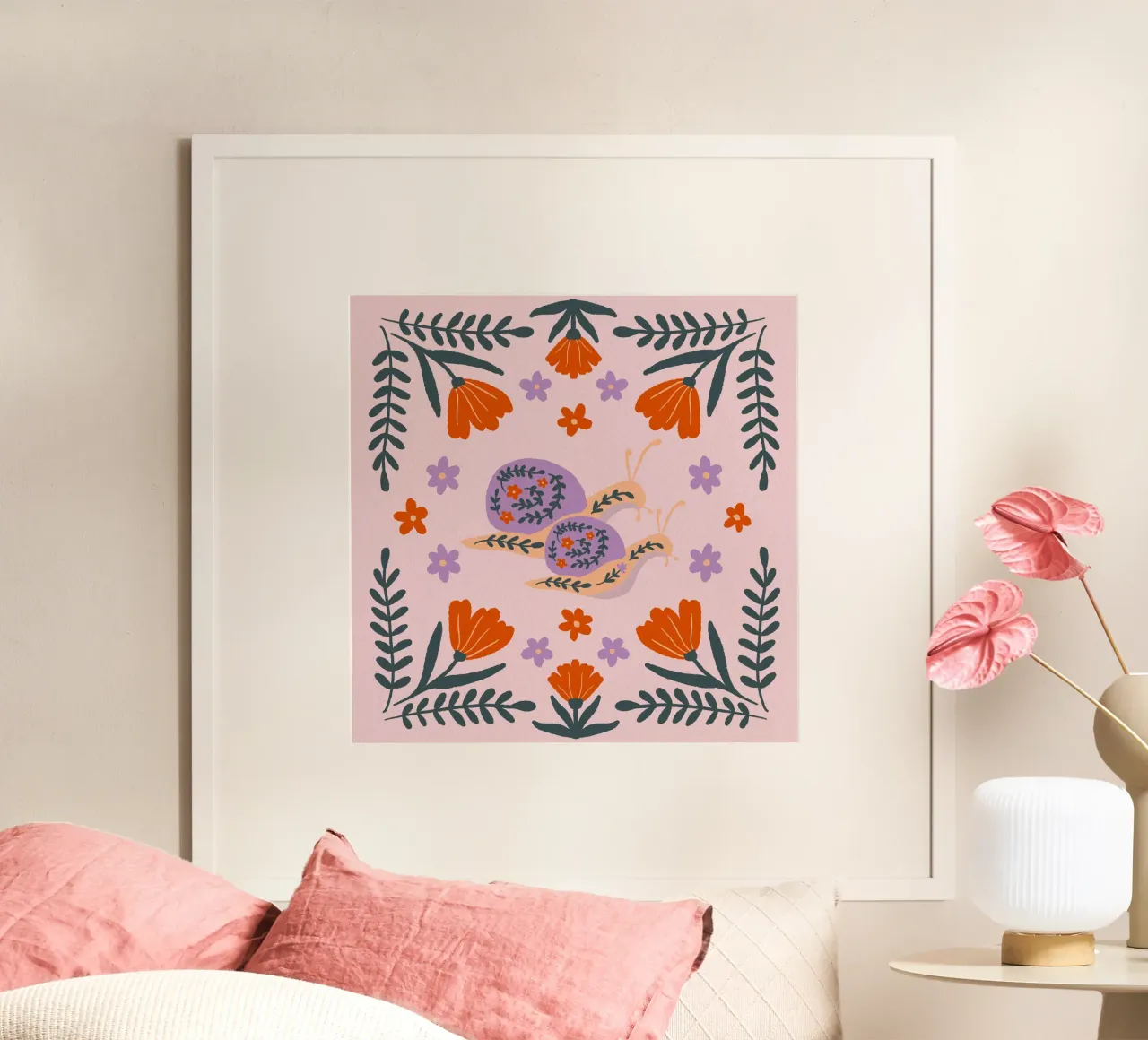 Lumache e fiori - viola e arancione carta hahnemühle da Wackapacka