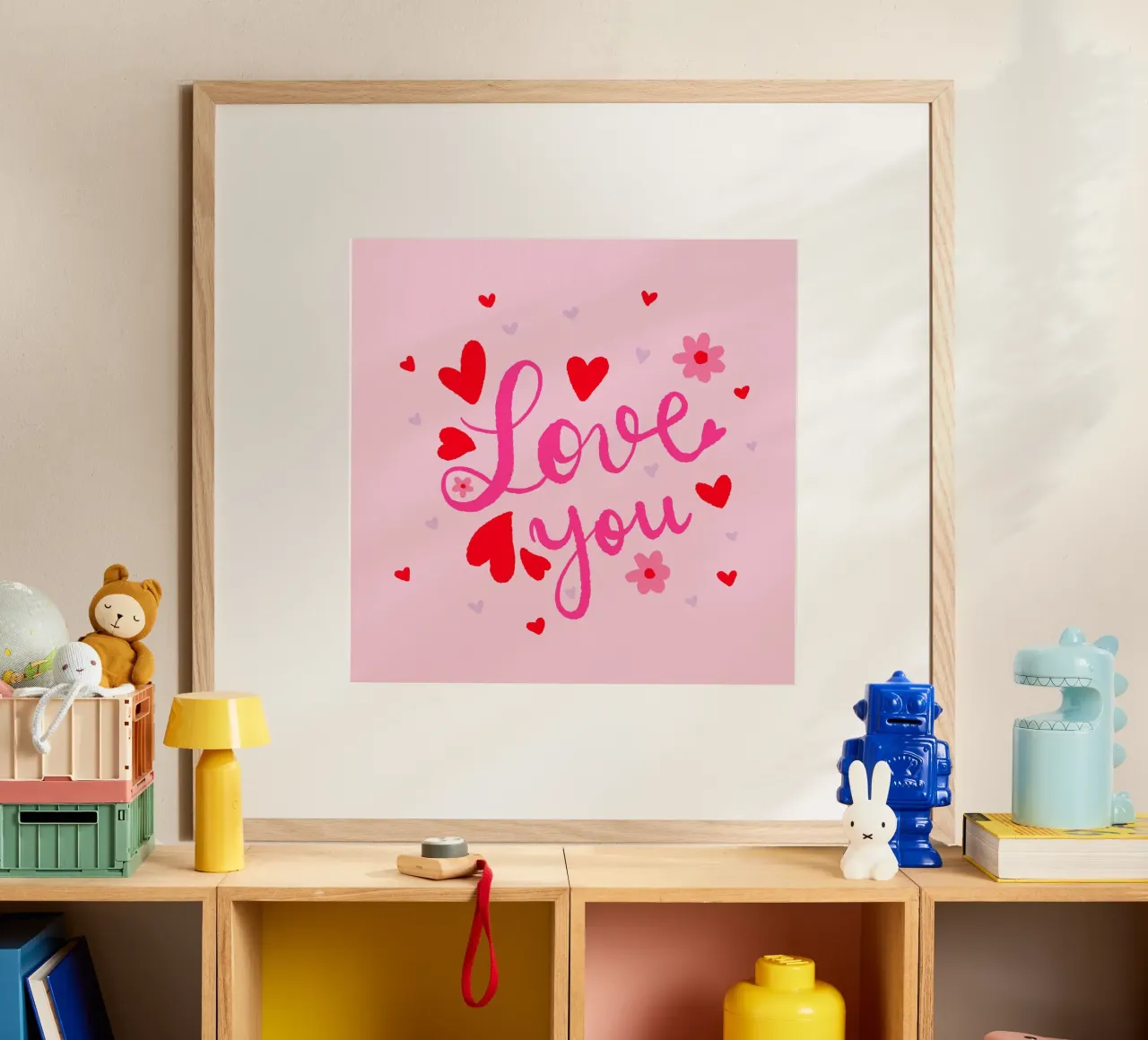 Ti amo - cuori e fiori rosa poster con telaio in legno da Wackapacka