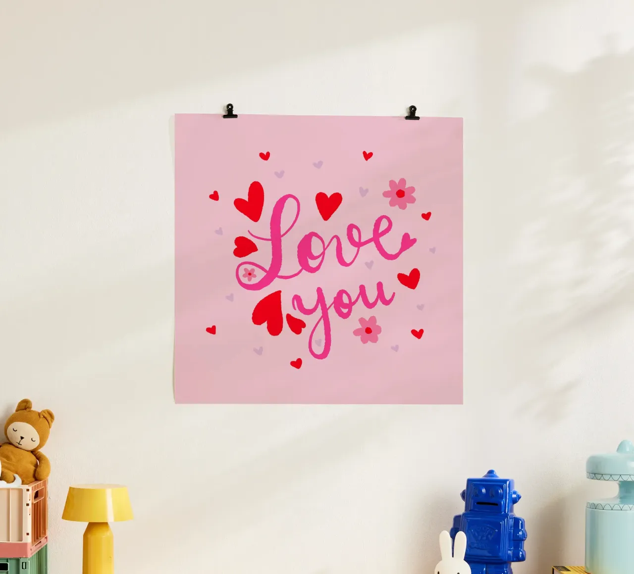 Ti amo - cuori e fiori rosa poster con telaio in legno da Wackapacka