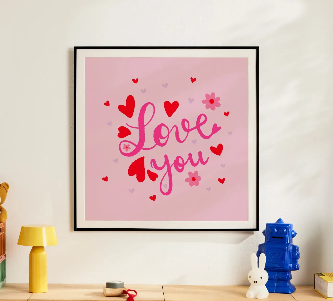 Ti amo - cuori e fiori rosa poster con telaio in legno da Wackapacka