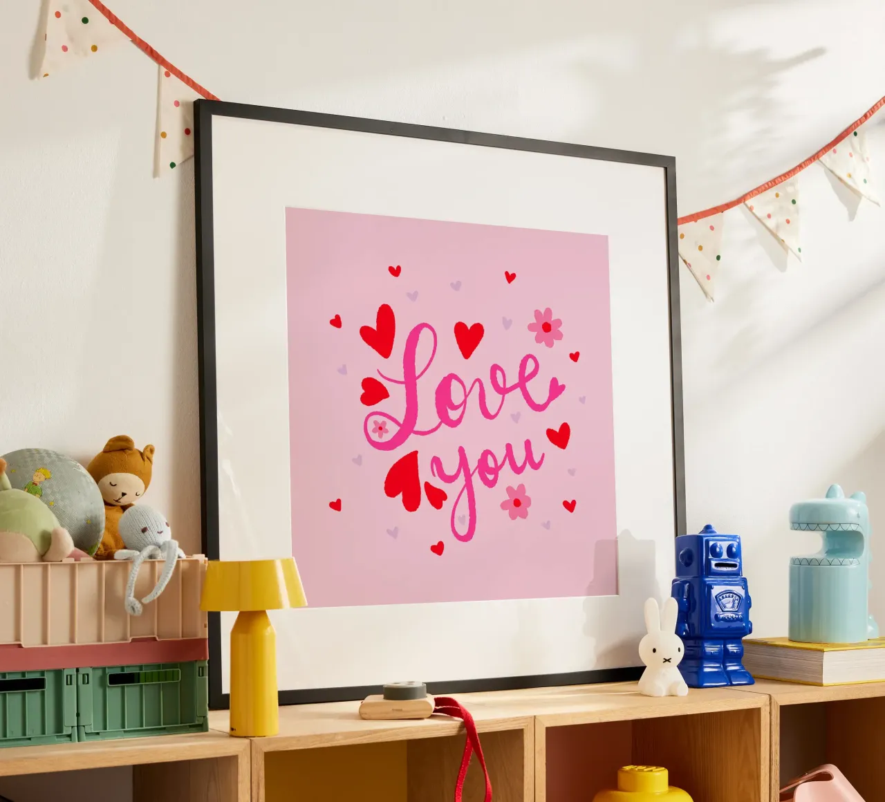 Ti amo - cuori e fiori rosa poster con telaio in legno da Wackapacka
