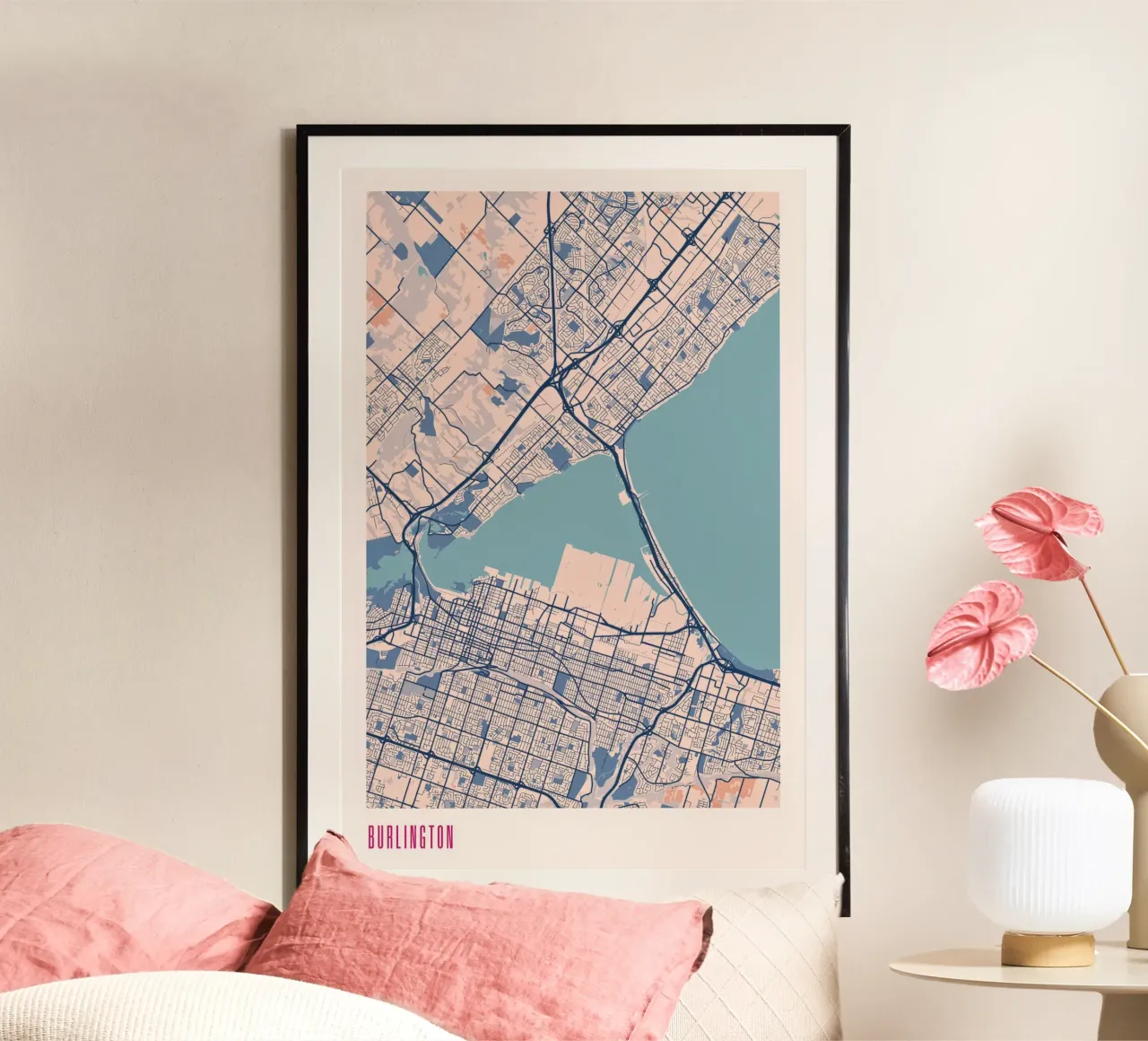 Burlington - Città sul lago poster con telaio in legno da MOOODZART