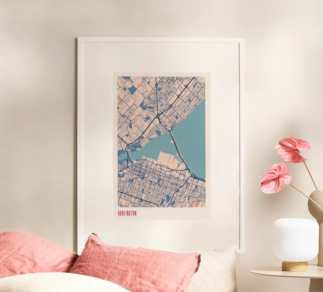 Burlington - Città sul lago poster con telaio in legno da MOOODZART