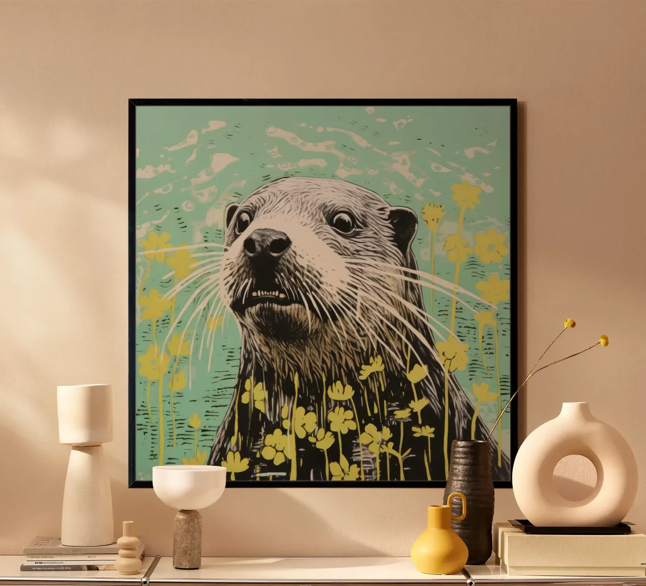 Lontra verde 3 poster con telaio in legno da Minimal Animal Art