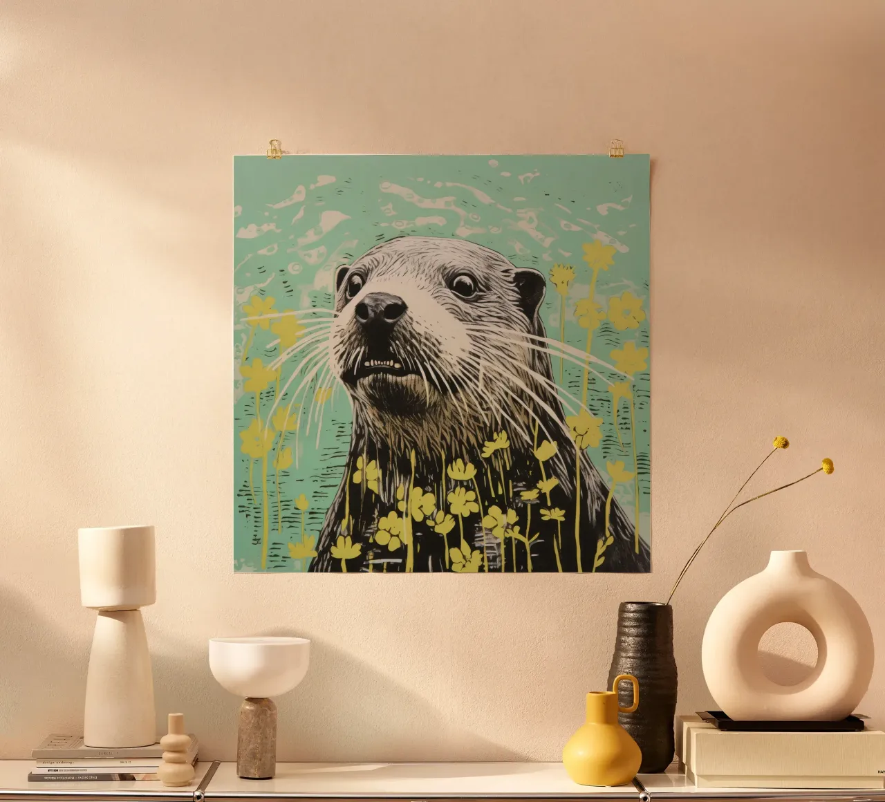 Lontra verde 3 poster con telaio in legno da Minimal Animal Art