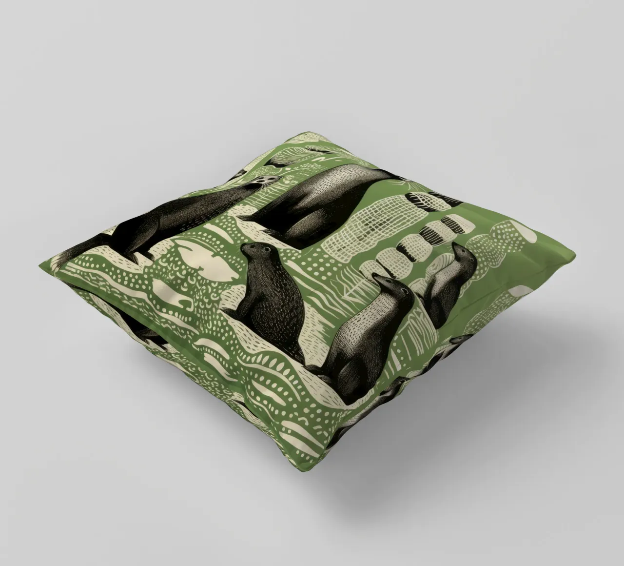 Green Otter 4 decorative cushion by Minimal Animal Art