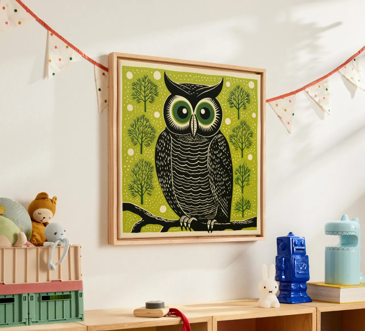 Groene Uil 4 canvas met Baklijst van Minimal Animal Art
