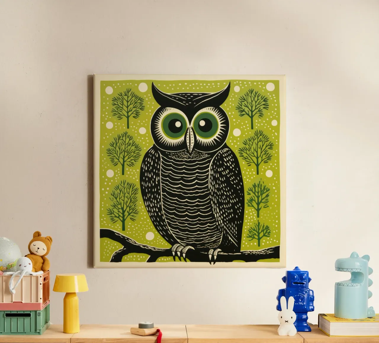 Groene Uil 4 canvas met Baklijst van Minimal Animal Art