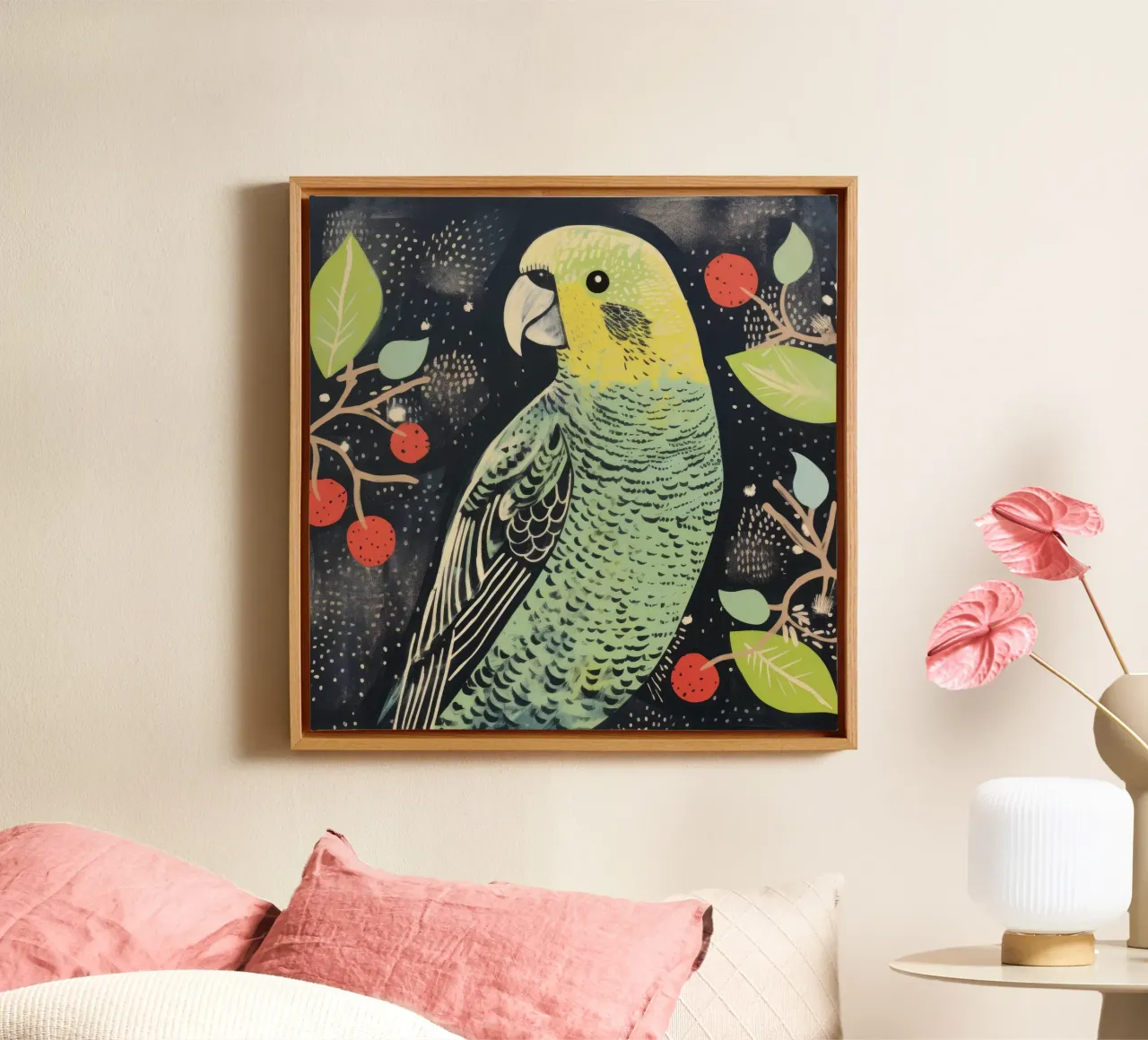 Pappagallo verde 3 tela con Cornice a cassetta da Minimal Animal Art